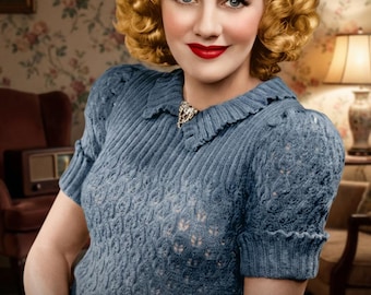 May include: A woman with blonde, curly hair and red lipstick wears a blue knit sweater with a decorative collar and a brooch. The text "Vintage Visage" is displayed in gold script at the bottom of the image. The background includes floral wallpaper and vintage furniture.