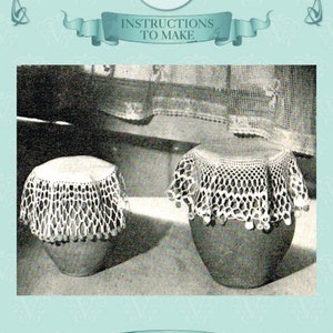 May include: A vintage crochet pattern from Vintage Visage. The image shows two ceramic pots covered with white crocheted doilies. The text on the image says "Instructions to Make" and "A Crochet Pattern From Vintage Visage."