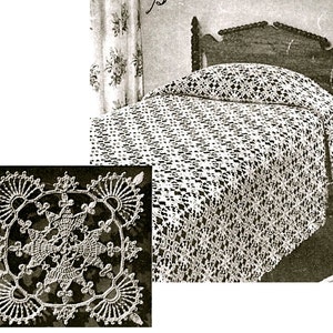 May include: A white crocheted bedspread with a repeating geometric pattern covers a bed. A close-up inset shows a detailed square crochet design with floral and star-like elements. The bed is against a dark wooden headboard.