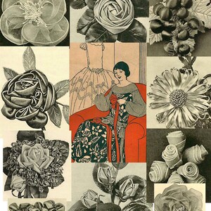 May include: A vintage collage featuring various ribbon flower designs in shades of gray and white. The image includes a woman seated in a chair, working with a red ribbon, and several floral arrangements.