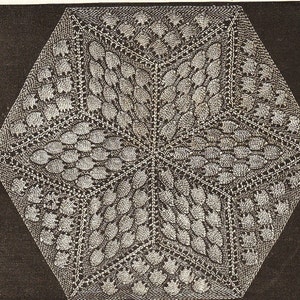 May include: A detailed, hexagonal doily with a complex, repeating pattern. The design features a central starburst, surrounded by six sections filled with leaf-like motifs. The doily is rendered in a grayscale palette, with varying shades of gray creating depth and texture.