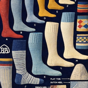 Könnte beinhalten: Eine Vintage-Katalogseite mit verschiedenen Kniestrümpfen in einer Reihe von Farben, darunter Rot, Blau, Gelb und Creme. Einige Socken weisen Streifen oder gemusterte Designs auf. Das Bild enthält auch Textbeschriftungen und ein Logo.