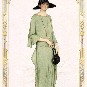 May include: Illustration of a woman in a light green dress and a black hat. The dress has long sleeves and a belt. She is holding a black purse and wearing green shoes. The image is framed with an Art Deco border.