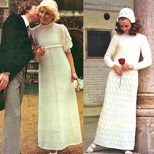 May include: Two vintage wedding dresses. One is a long, cream-colored dress with a high neckline and short sleeves. The other is a long-sleeved, cream-colored dress with a matching hat. Both dresses are knitted with intricate patterns.