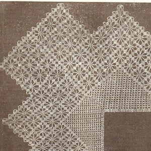 May include: Close-up of a vintage, off-white crochet doily. The doily features a complex floral and geometric pattern, with a scalloped edge. The crochet work is intricate, showcasing the detailed craftsmanship of the piece. The background is a muted brown.