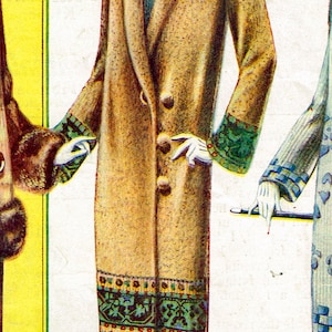 May include: Vintage fashion illustration of a woman in a long, tan coat with a fur collar and cuffs. The coat has decorative trim at the hem and sleeves. She wears a blue hat and dress, with black and tan shoes. The image includes text from William Tait & Co., Edinburgh.