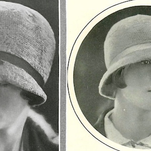 Puede incluir: Dos sombreros cloche vintage. Los sombreros son de color claro, con una corona redondeada y un ala inclinada hacia abajo. Un sombrero presenta una banda oscura con un diseño cuadrado decorativo. El otro sombrero tiene un acento decorativo en el lateral.