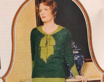 Vintage 1930s knitting Pattern- Bow Front Jumper Sweater Designed by Elsa Schiaparelli pdf download