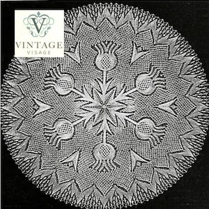 May include: A detailed, circular doily with a floral design. The doily is white and features a central starburst pattern with thistle-like motifs radiating outwards. The edges are scalloped, and the overall aesthetic is vintage.