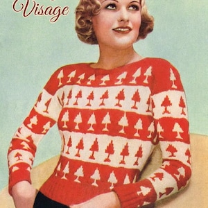 May include: A vintage-style image featuring a woman wearing a red and white patterned sweater with a tree design. The sweater is paired with black bottoms. The words "Vintage Visage" are in the upper left corner.