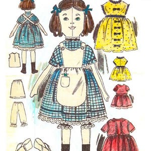 May include: A vintage illustration of a rag doll with various clothing patterns. The doll is wearing a blue and white plaid dress with an apron. Additional dresses in yellow and red are shown, along with pants, a vest, and shoes. The text "Vintage Visage Patterns" is at the top.