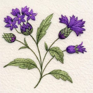 May include: Embroidered floral design featuring purple flowers and green leaves on a cream-colored fabric. The detailed needlework showcases a cluster of small flowers, buds, and larger blooms, with intricate shading and texture.