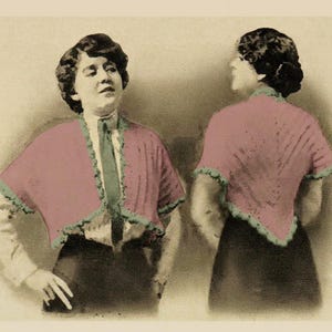 May include: Vintage illustration of a woman wearing a pink cape with green trim. The cape is paired with a white shirt and a green tie. The image is a sepia-toned photograph.