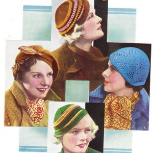 May include: Vintage fashion illustration featuring four women wearing different styles of hats. The hats include a brown cloche with pink and yellow stripes, a blue crocheted cap, a green and yellow striped hat, and a brown beret. Each woman is wearing a coat and scarf.