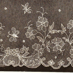 May include: Close-up of white Limerick Run lace flounce with floral and butterfly motifs. The delicate lace features detailed openwork patterns of flowers, leaves, and butterflies, with a scalloped edge. The text at the bottom reads: Fig. 30.&mdash;Flounce in Limerick Run Lace.