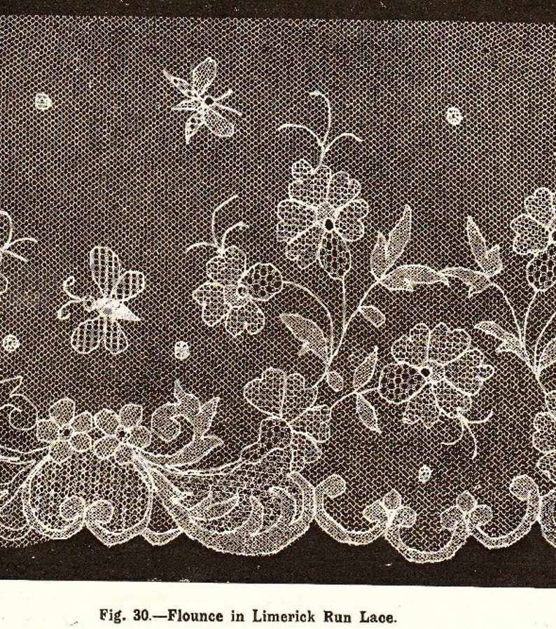 May include: Close-up of white Limerick Run lace flounce with floral and butterfly motifs. The delicate lace features detailed openwork patterns of flowers, leaves, and butterflies, with a scalloped edge. The text at the bottom reads: Fig. 30.&mdash;Flounce in Limerick Run Lace.