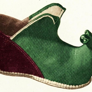 May include: A vintage illustration of a green and burgundy elf shoe. The shoe features a curved toe, a burgundy heel, and a white trim along the sole. The shoe's upper is green with a white and cream-colored accent.
