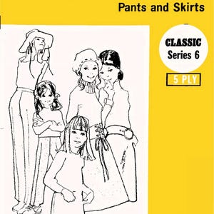 May include: A vintage Singer Knitting Machines pattern book cover. The cover is yellow with the text "SINGER KNITTING MACHINES" and "Pants and Skirts". The cover features a black and white illustration of several women and girls wearing pants and skirts.