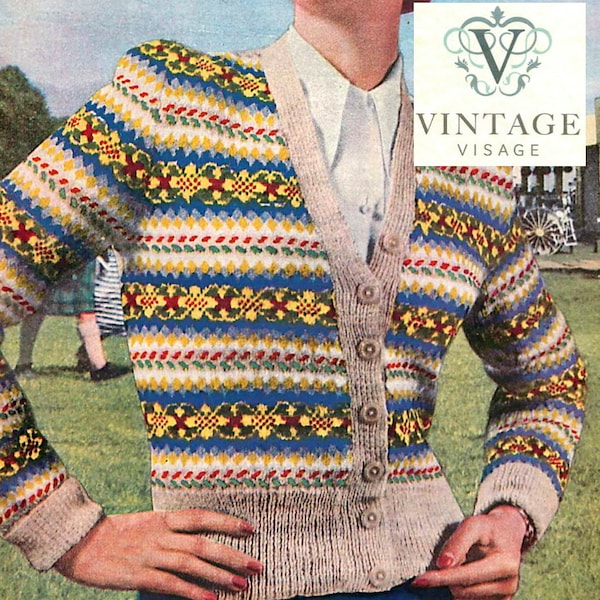 INStANT DOWNLOAD- Vintage Visage knitting pattern- fair isle cardigan pdf email delivery