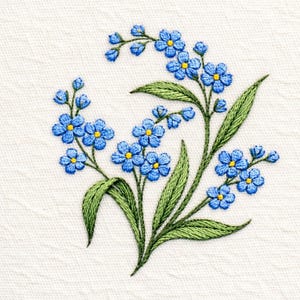 May include: Embroidered floral design featuring a cluster of blue forget-me-not flowers with yellow centers and green leaves. The embroidery is on a white fabric background, showcasing the delicate details of the needlework.