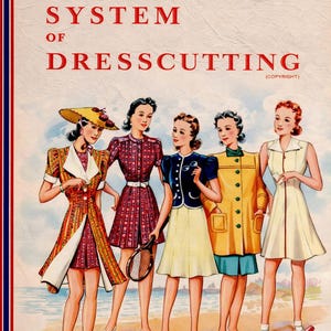 Pode incluir: Ilustração vintage de uma capa de livro intitulada "The Haslam System of Dresscutting". A capa apresenta cinco mulheres em vestidos coloridos, em pé numa praia. O texto "Number 10 Spring and Summer Supplement" está na parte inferior.