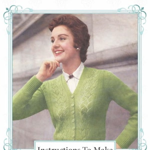 Patrón de punto vintage de los años 50 para cárdigan tipo chaqueta con punto calado, 3 tallas (36-40 pulgadas), descarga en PDF.