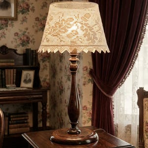 May include: A vintage-style table lamp with a wooden base and stem, topped with a cream-colored, lace-patterned lampshade. The lamp sits on a dark wooden table in a room with floral wallpaper and burgundy curtains. The lamp's design evokes a classic, antique aesthetic.