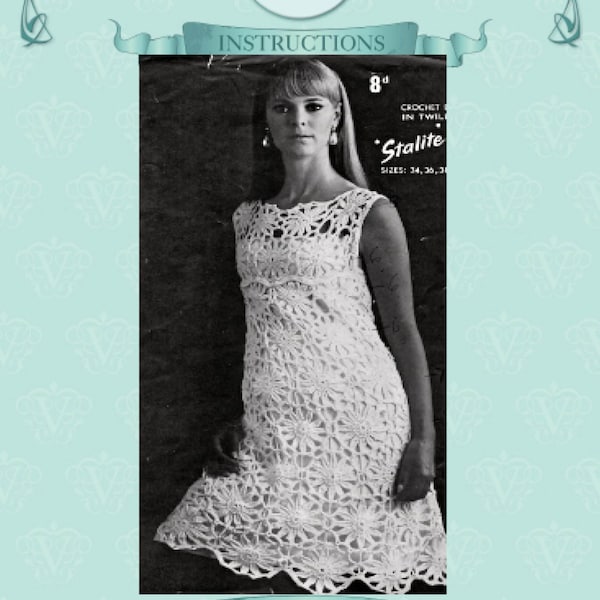 How to make a Mod flower lace mini dress 1960s crochet pattern- instant download  pdf email delivery