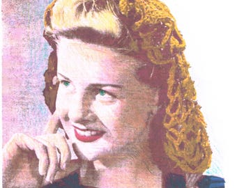 May include: Vintage-style illustration of a woman with green eyes and red lipstick, wearing a mustard-colored crocheted hair accessory. The image includes the text "VINTAGE VISAGE" in a decorative logo, set against a soft, pastel background.