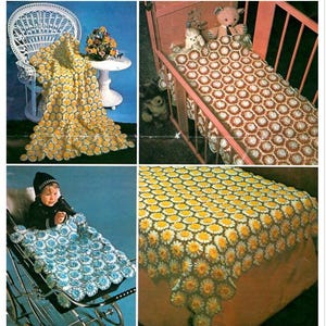 Op de afbeelding: Vintage afbeelding met bloemenweefpatronen voor plaids en dekens. De afbeelding toont verschillende voorbeelden van gehaakte dekens en plaids in verschillende kleuren, waaronder geel, blauw en bruin. De tekst luidt "Flower Loom Patterns- throws and cover."