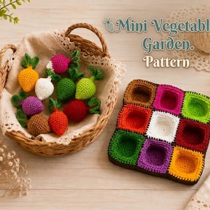 May include: A woven basket containing small, colorful crocheted vegetables with green tops, alongside a square, multi-colored crocheted grid with nine recessed compartments. The text "Mini Vegetable Garden. Pattern" is visible in the upper right.