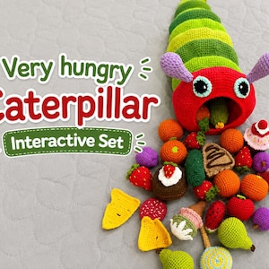 May include: A crochet interactive set featuring a large green and yellow caterpillar with a red head and purple antennae, surrounded by various crocheted food items including fruits, vegetables, and desserts. Text reads Very hungry Caterpillar Interactive Set.