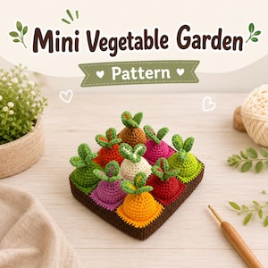 Pode incluir: Um padrão de crochê intitulado Mini Vegetable Garden apresentando uma base quadrada marrom com nove vegetais de crochê coloridos, cada um coberto com folhas verdes. Os vegetais são vermelhos, laranja, amarelos, verdes, roxos, rosas e brancos.