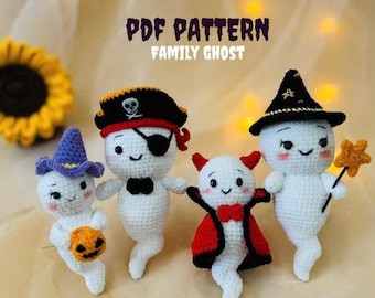 May include: Four crocheted white ghost figures with black eyes and pink cheeks. One wears a purple hat and holds a pumpkin, one a pirate hat with an eyepatch, one a red cape, and one a black witch hat with a star, holding a yellow star wand.