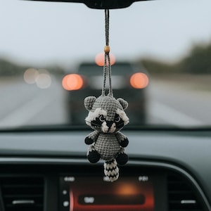 Crochet Raccoon Amigurumi | Rear View Mirror | Cute Woodland Animal Plush | Hanging Raccoon Car Decor| Car Accessory Raccoon