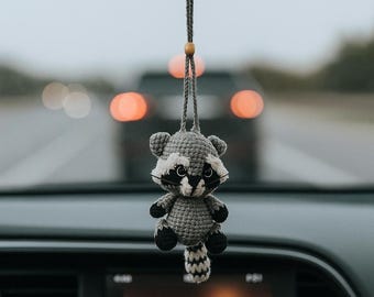 Crochet Raccoon Amigurumi | Rear View Mirror | Cute Woodland Animal Plush | Hanging Raccoon Car Decor| Car Accessory Raccoon