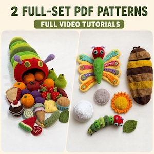 Puede incluir: Dos conjuntos de patrones de ganchillo que incluyen una oruga grande verde y roja, una mariposa, una crisálida y varios artículos de comida tejidos, como frutas, verduras y postres. El texto 2 FULL-SET PDF PATTERNS y FULL VIDEO TUTORIALS es visible.