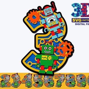 Puede incluir: Un número tres en 3D con un esquema de color azul, amarillo y naranja. El número está decorado con diseños de robots y engranajes. El texto "3D SVG PATTERNS DIGITAL FILE" está en la parte superior de la imagen.