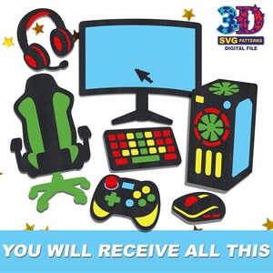 May include: A set of digital cut files featuring gaming equipment. Includes a computer monitor, keyboard, mouse, controller, headphones, gaming chair, and computer tower. The text "YOU WILL RECEIVE ALL THIS" is at the bottom.