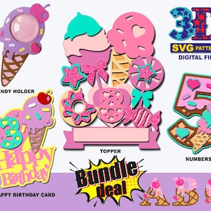 Pacchetto di compleanno con gelato, decorazione per torta, alfabeto, biglietto di compleanno, numeri e portacaramelle, download digitale svg cricut silhouette
