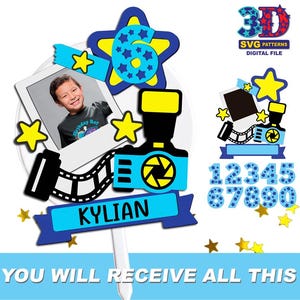May include: A blue and yellow birthday cake topper with a photo, camera, film strip, and stars. The name "Kylian" is displayed on a blue banner. The image includes the text "YOU WILL RECEIVE ALL THIS" and "3D SVG PATTERNS DIGITAL FILE".