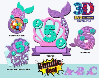 Mermaid Birthday SVG Bundle: Cake Topper, Card, Numbers, Alphabet (Digital Download)