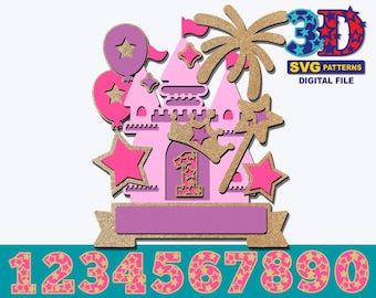 プリンセスキャッスルのバースデーケーキトッパーSVG：DIYパーティーデコレーション（デジタルダウンロード）