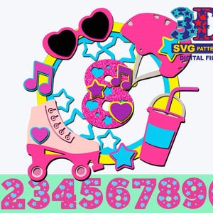May include: A pink and blue 3D number eight with a roller skate, a drink, a helmet, and sunglasses. The number eight is decorated with glitter and stars. The background is white with the text "3D SVG Patterns Digital File".