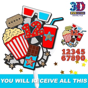 May include: A colorful movie-themed cake topper with a red and white popcorn container, 3D glasses, a red drink, and a chocolate bar. The number 12 is featured, along with the text "YOU WILL RECEIVE ALL THIS".