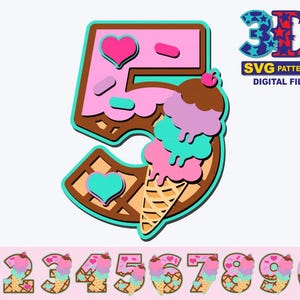 May include: A set of ten SVG cut files featuring the numbers 1 through 10 decorated with ice cream cones and hearts. The numbers are pink, brown, and turquoise. The ice cream cones are pink, brown, and turquoise. The hearts are pink and turquoise. The text "3D SVG Patterns Digital File" is in the upper right corner of the image.