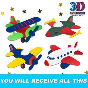 May include: Four colorful airplane cutouts in red, green, blue, and yellow, with propellers and wings. The image includes the text "3D SVG PATTERNS DIGITAL FILE" and "YOU WILL RECEIVE ALL THIS". Gold star decorations are scattered around the airplanes.