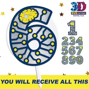 Könnte beinhalten: Ein blau-gelber Tortenaufsatz mit der Nummer sechs, mit einem Leiterplattendesign und einer Gehirngrafik. Das Bild enthält auch andere Zahlen mit dem gleichen Design und den Text "YOU WILL RECEIVE ALL THIS".