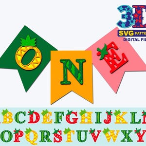 May include: A set of 3D alphabet letters in a variety of colours and designs. The letters are decorated with pineapple, watermelon, and strawberry designs. The letters are arranged in the word "ONE" with a banner design. The letters are perfect for crafting projects, scrapbooking, and party decorations.