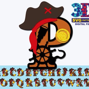 May include: A 3D pirate alphabet SVG pattern digital file. The letter P is shown with a pirate hat, an eye patch, a gold coin, and a ship's wheel. The rest of the alphabet is shown below with pirate hats and gold coins.